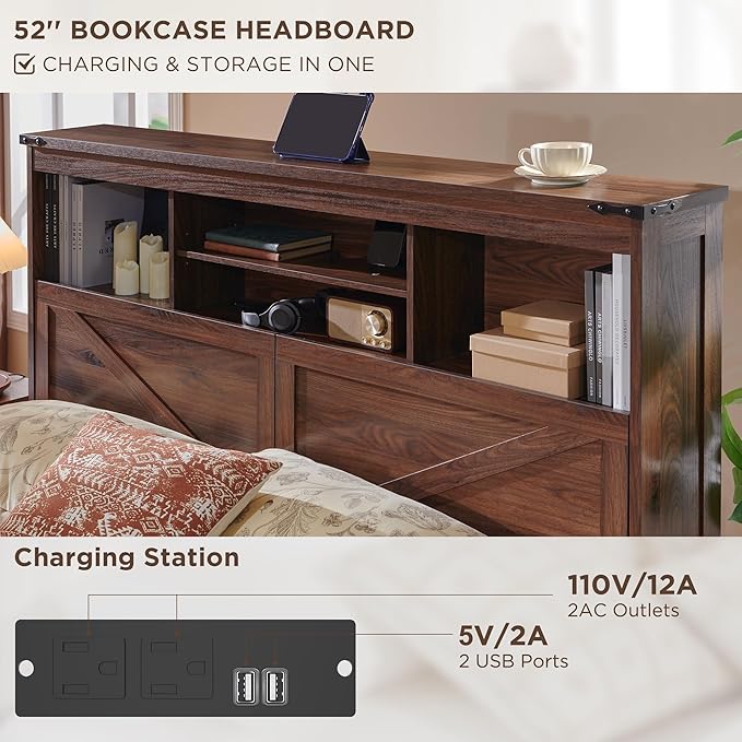ACCOHOHO Farmhouse King Size Bed Frame with 52" High Storage Bookcase Headboard and 4 Drawers,Wooden Bed Frame with LED Light and Charging Station,Brown