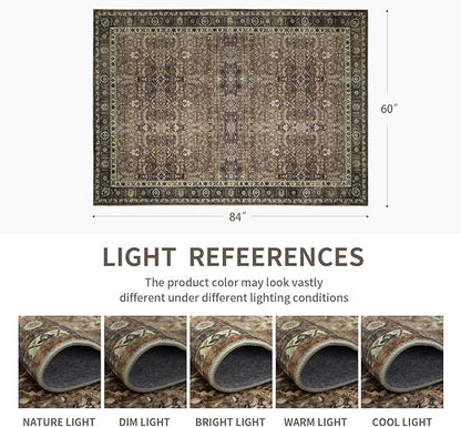 5x7 Vintage Washable Area Rug for Living Room,Low Pile Non Slip Carpet Non-Shedding Area Rug Soft Indoor Stain Resistant Rug Floral Print Mat for Bedroom Dining Room Brown Floral