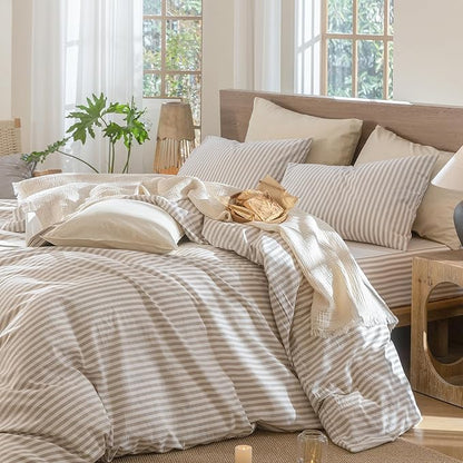 MooMee Striped Duvet Cover Set 100% Washed Cotton Linen Like Textured Breathable Durable Soft Comfy (Tannish Linen Grey White Classic Stripes, Oversized Queen 98"x98")