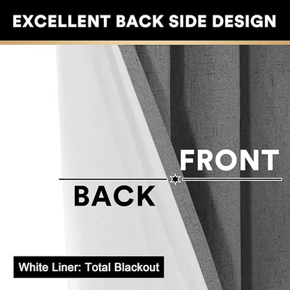 PrinceDeco Blackout Curtains Linen Textured 100% Thermal Insulated Sun Blocking Drapes for Bedroom Nursery Grommet Room Darkening Linen Curtains with White Liner, 2 Panels Set,52" W x 54" L,Grey
