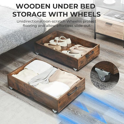 Under Bed Storage with Wheels, 2-Pack Under Bed Shoe Storage Organizer Drawer, Composite Wood Organizer for Shoes Clothes Containers in Bedroom for Clothes,Shoes(Brown)