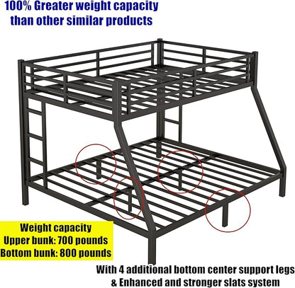 Higher Quality & Stronger Heavy Duty Metal Bunk Bed Frame Queen Over King Size for Adults Teens, Thickened More Stable Steel Bunkbed (Queen Over King)