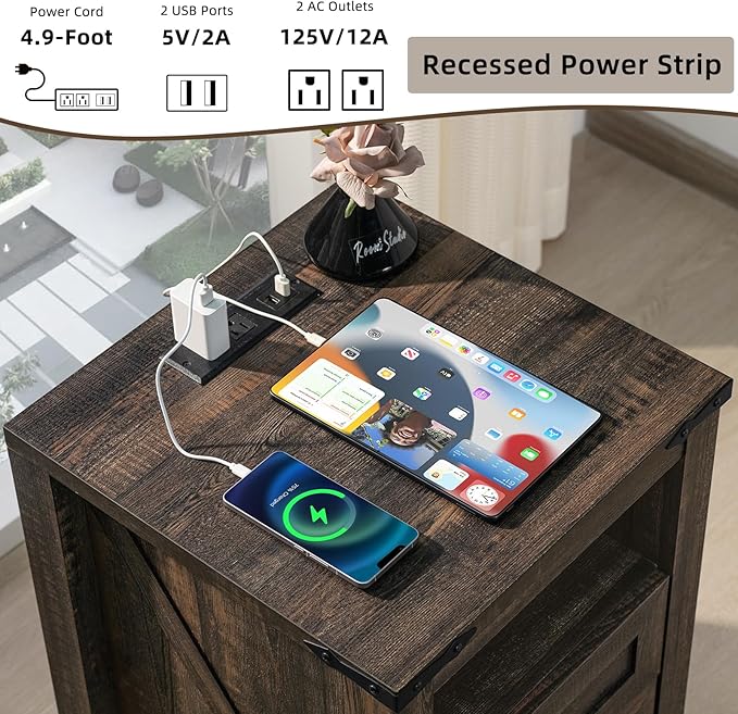 Joaxswe Nightstands Set of 2 with Charging Station, Farmhouse Night Stand with 2 Drawers and Shelf Storage, Wooden Side End Table, Bedside Cabinet for Bedroom, Living Room, Closet,Office (Dark Drey)