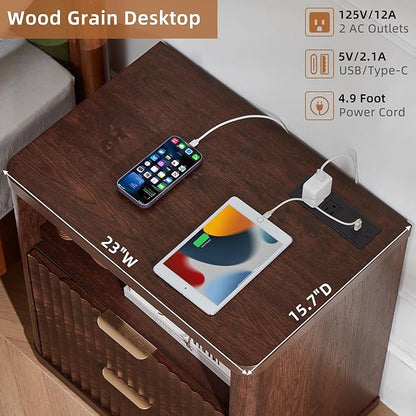 LEYAOYAO Fluted Farmhouse Nightstand Set of 2 with Charging Station, 23" Wide 2 Drawers Night Stand,Walnut Dresser for Bedroom,Bed Side Table Chest of Drawers,Wood End Table for Living Room