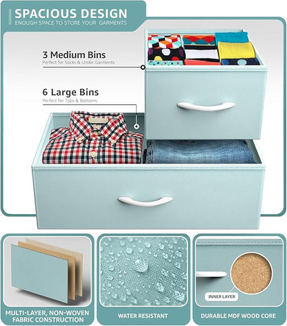 Sorbus Kids Dresser with 9 Drawers - Furniture Storage Chest Tower Unit for Bedroom, Hallway, Closet, Office Organization - Steel Frame, Wood Top, Fabric Bins (Aqua, Solid)