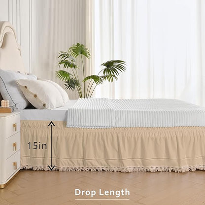 MIYE Wrap Around Ruffled Lace Bed Skirt, Elastic Dust Ruffle with Adjustable Belts, Easy to Put On, Bed Frame Cover, Machine Washable (Tassel Ruffle/Beige, King/Queen-15 Drop)