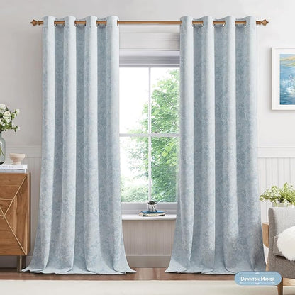 Beauoop Blue Floral Jacquard Blackout Curtains 63 Inches Long 2 Panels for Bedroom Living Room Chenille Flower Room Darkening Thermal Insulated Soundproof Grommet Window Treatments Drapes, 52x63
