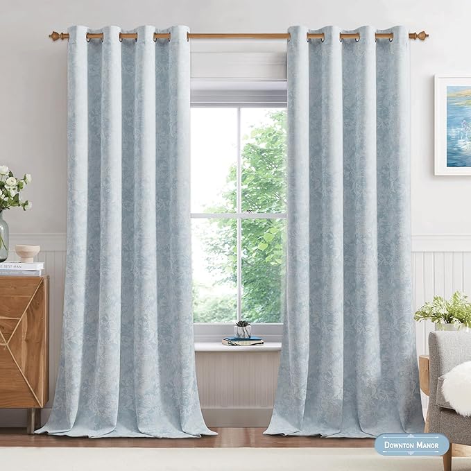 Beauoop Blue Floral Jacquard Blackout Curtains 108 Inches Long 2 Panels for Bedroom Living Room Chenille Flower Room Darkening Thermal Insulated Soundproof Grommet Window Treatments Drapes, 52x108