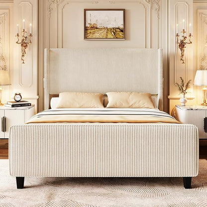 Queen Size Bed Frame with Headboard, Upholstered Platform Bed with Tall Wingback Headboard & Footboard, Corduroy Bed Frames with USB Ports, Easy Assembly, Beige