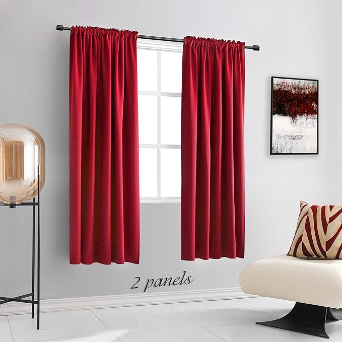 DONREN 72 Inch Blackout Curtains for Bedroom - Thermal Insulated Solid Rod Pocket Curtain Panels for Kids Room (Red,42 x 72 Inches,2 Panels)