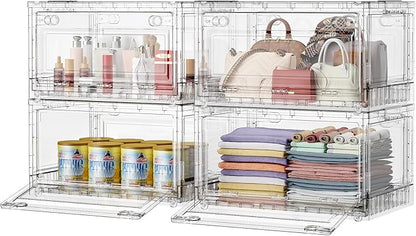 BROVIEW 320Qt Stackable Storage Bins with Lids Wheels, XL Clear Plastic Drawers Foldable Closet Organizers and Storage Cabinet Display Box Shelves with Front & Back Doors, for Home Office Garage,4Pack