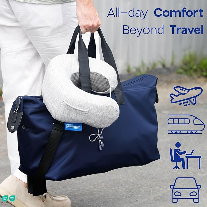 Travel Neck Pillow with Bag – Compact Memory Foam Neck Pillow for Airplane, Car and Office – Ergonomic Design for Travel Comfort and Shoulder & Neck Support