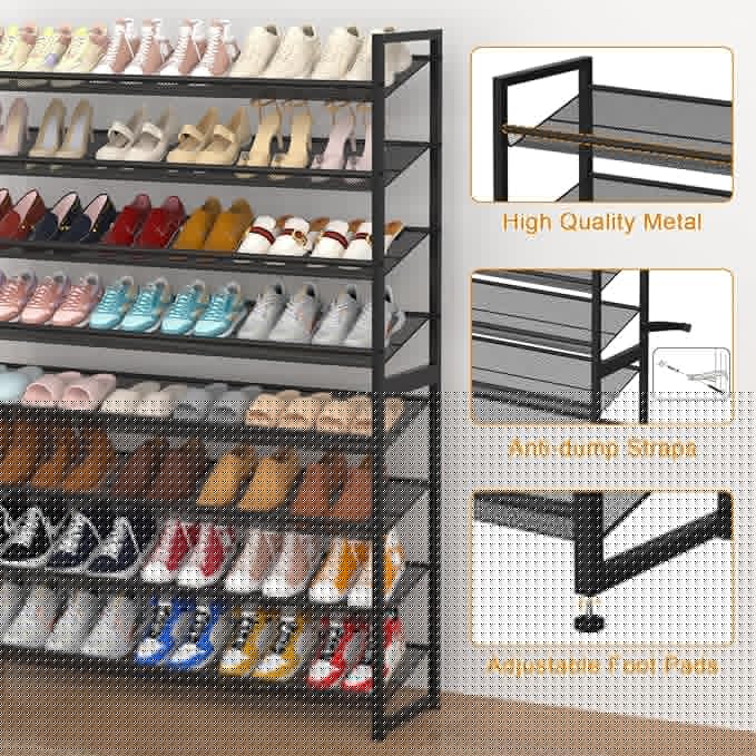 Large Shoe Rack 8 Tier Shoe Organizer, Heavy Duty Metal 4-Tier Stackable Shoe Storage Vertical Shoe Rack for Closet Front Door Entrance, Up to 50 Pairs, 44.8" W x 11.4" D x 56.7" H, Black