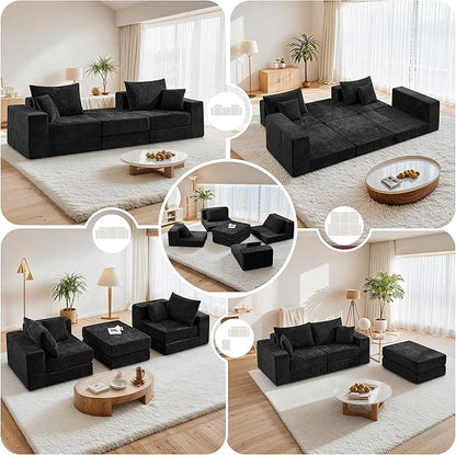 Boneless Modular Sectional Loveseat Couch with Ottoman, Convertible Floor Sleeper Sofa Bed, Comfy Foldable Compression Love Seat Sofa for Living Room, No Assembly, Black