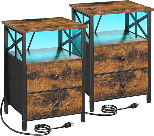 AMHANCIBLE Night Stand Set 2, LED Nightstand with Charging Station, End Tables Living Room with Fabric Drawers, Bed Side Table for Bedroom, Rustic Brown, HET052LBR