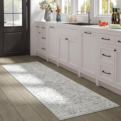 jinchan Lima Kitchen Runner Rug 2x8 - Vintage Floral Machine Washable Non-Slip Hallway Runner Rug with Rubber Backing Ultra-Thin Carpet for Bedroom Laundry Room Farmhouse (2x8ft, Grey)