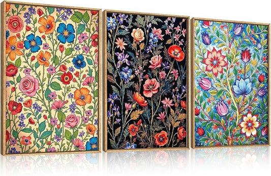 LHIUEM Large Vintage Botanical Flower Framed Canvas Wall Art,Abstract Colorful Wildflower Wall Decor,Rustic Bouquet Wall Painting,Poster Artwork for Living Room,Bedroom,Dining Room,Office -16"x24"x3
