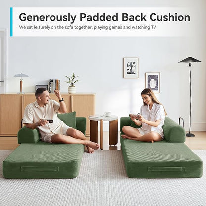 Convertible Floor Sofa Bed with Fixed-Shape Frame, King Size Floor Sleeper 5-in-1 DIY Combination Modular Sofa, Modular Chenille Folding Mattress Couch for Living Room Bedroom Playroom (Green)