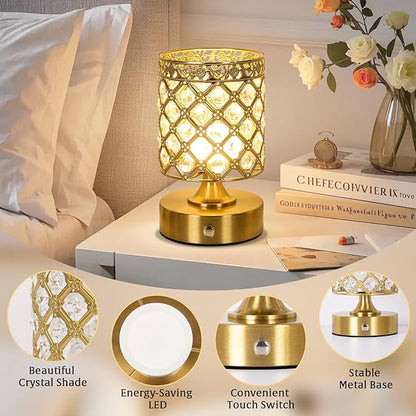 TOBUSA Gold Rechargeable Cordless Table Lamp, 6000mAh Crystal Battery Operated Lamp with 3 Color Temps & Stepless Dimming, Portable Bedside Touch Small Desk Lamp, Vintage Wireless LED Night Light