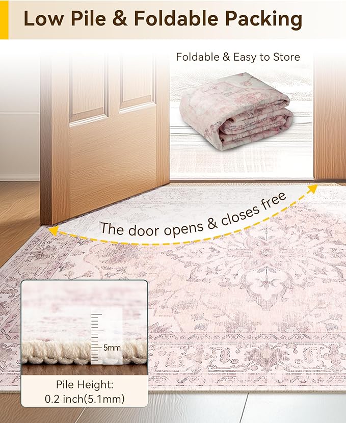 Area Rugs 2'x10' Washable Non-Slip, Floral Vintage Distress Print Pattern Medallion Carpet for Living Room Bedroom Dining Room, Pink Greypink Cute