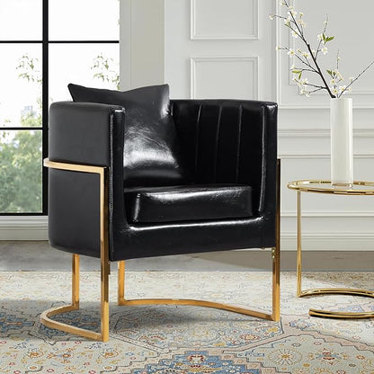 Modern Leather Accent Chair, Mid Century Upholstered Barrel Armchair with Pillow for Living Room, Comfy Single Vanity Chair with Metal Gold Legs for Bedroom, Black