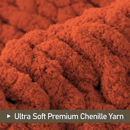 Chunky Knit Throw Blanket 50"X 60", 100% Handmade with Soft Chenille Yarn, 4.4lbs Thick Cable Knitted Blankets, Large Rope Knot Crochet Throws for Couch Sofa Bed Home Decor, Rust