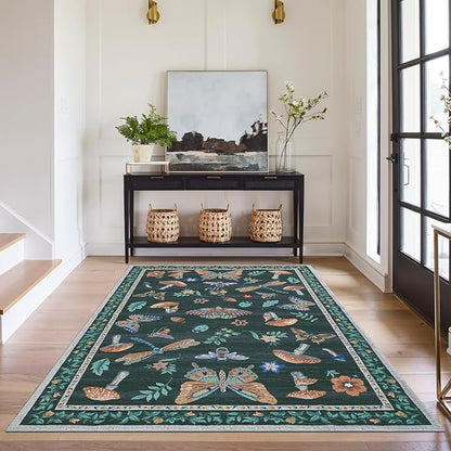 4 x 6 Rug Non-Slip Washable Carpet - Mushroom Soft Low-Pile Stain Resistant Foldable Rugs for Nursery Kitchen Bedroom Living Room Entryway Indoor Mat with Rubber Back Black