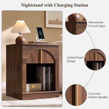 ACCOHOHO Modern Night Stand Set 2 with Arched Panel,18" Wooden nightstand with Charging Station,Bedside Table with Drawer Storage,Side End Table with Open Shelf for Bedroom、Living Room,Brown