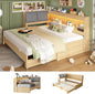 Corner Bed Frame with Extendable Trundle Bed and Bookcase Upholstered Headboard, 3-in-1 Twin Size Wood Daybed with LED Lights and Charging Station, for Bedroom, Guest Room, Natural Oak