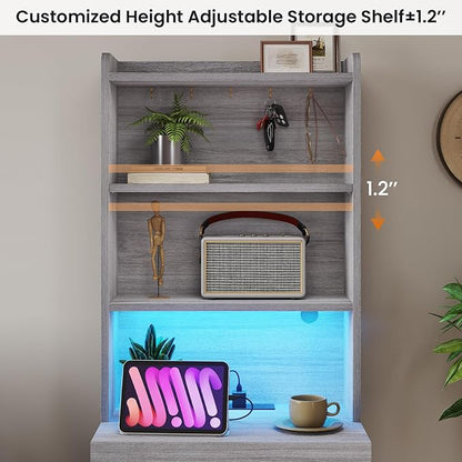 VIAGDO Tall Nightstand Set of 2 with Charging Station and LED Lights, Grey Night Stand Set 2 with Bookshelf, Modern LED Bedside Tables with 3 Drawers and Storage Shelves, Side Tables for Bedrooms