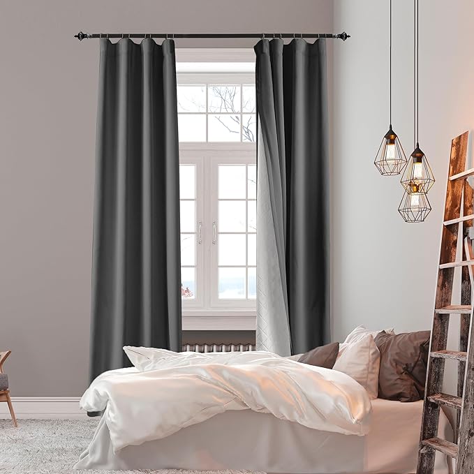 3-in-1 100% Blackout Curtains 90 Inches Long, Thermal Insulation, Soundproof Back Tab Drapes for Bedroom Living Room Sliding Glass Door, with Pin Hooks, Grey 50x90Inch 1 Panel