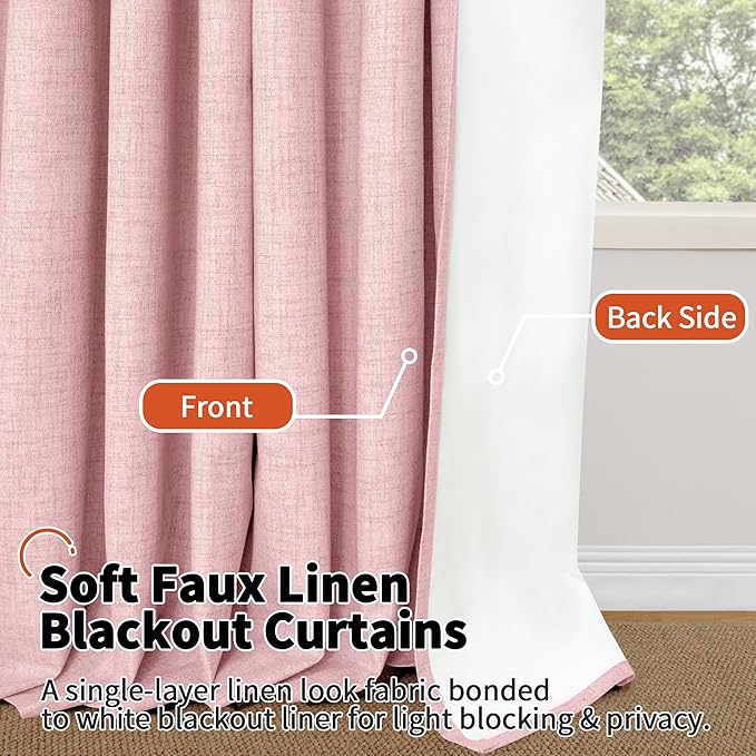 Baby Pink Linen Blackout Curtains for Nursery 95 Inch Length 2 Panels Set, Thermal Insulated Boho Total Black Out Noise Reducing Bonzer Grommets Window Curtains for Girls Bedroom, Each 52 Inch Wide
