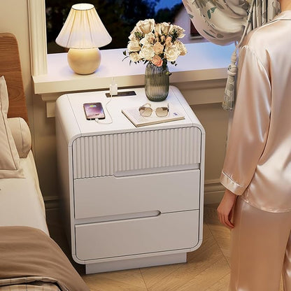 6 Drawer Dresser and 2 Nightstand Sets for Bedroom 3 Pcs Bedroom Set, Modern 47.2" Fluted Dresser with Invisible Handles Nightstand Charging Station, Bedroom Furniture Set for Living Room, White