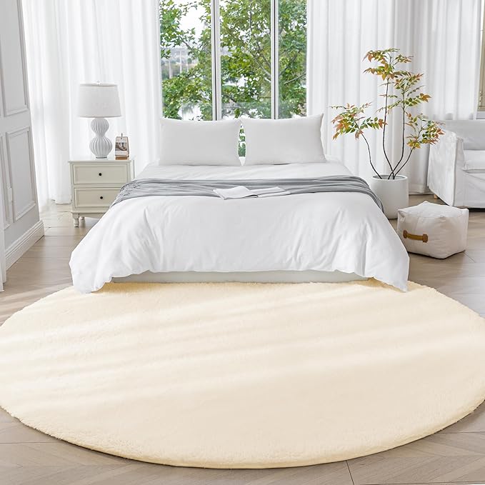 Amazon Basics Fluffy Washable Round Area Rug, Circle Shaggy Carpet for Living Room, Bedroom, Nursery, 4'R, Beige
