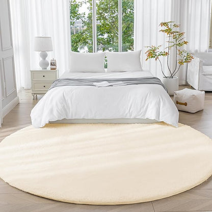 Amazon Basics Fluffy Washable Round Area Rug, Circle Shaggy Carpet for Living Room, Bedroom, Nursery, 4'R, Beige