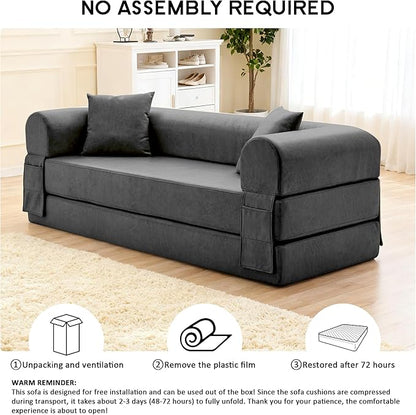 78.5" Convertible Sleeper Sofa Bed, Faux Leather Folding Floor Sofa with Pullout Bed&2 Pillows, No Assembly Modern Boneless Couch Compression Sofa in Box with Storage Pocket for Living Room, Gray