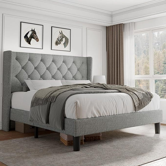 iPormis Full Size Platform Bed Frame with Button Tufted Headboard, Upholstered Bed Frame with Solid Wooden Slats, 8" Underbed Space, No Box Spring Needed, Noise Free, Easy Assembly, Light Gray
