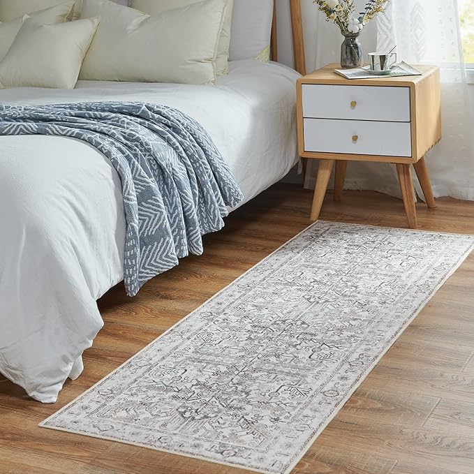 jinchan Runner Rug 2x5 - Vintage Hallway Machine Washable Rug Floral Non Slip with Rubber Backing Ultra-Thin Carpet Runner for Kitchen Bedroom Laundry Room Farmhouse Entryway (2x5ft,Taupe)