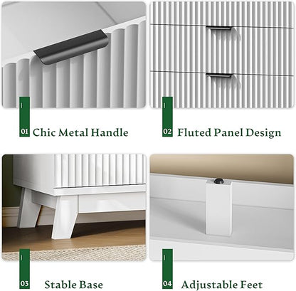 Fluted Dresser with 7 Drawers, 58" Wide Modern Chest of Drawers with Metal Handle, Wooden Dresser TV Stand, Wood Closet Clothes Storage Organizer for Bedroom, Living Room, Hallway, Solid White