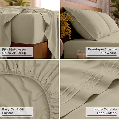 Mellanni California King Sheet Set - 6-Piece Iconic Collection Bedding, (Including 4 Pillowcases), 21-Inch Extra Deep Pocket, Easy Care, Ultra Soft, Cooling Sheets, Brushed Microfiber - New Beige