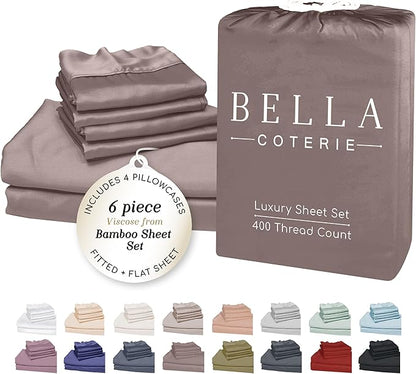 Bella Coterie 6 Piece Luxury Bamboo Viscose California King Size Sheet Set | 100% Organically Grown | Cooling for Hot Sleepers | 18" Deep Pocket | Soft & Hypoallergenic | 4 Pillowcases [Mocha]