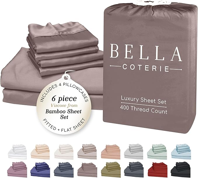 Bella Coterie 6 Piece Luxury Bamboo Viscose Queen Size Sheet Set | 100% Organically Grown | Cooling for Hot Sleepers | 18" Deep Pocket | Soft & Hypoallergenic | 4 Pillowcases [Mocha]