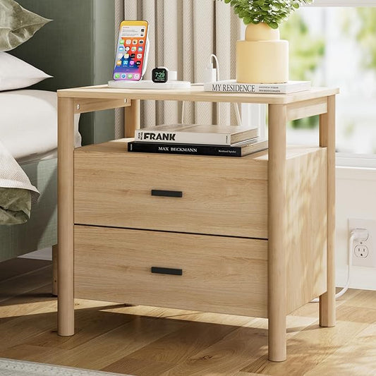 FavourLife Night Stand, 23" Wide Nightstand, Modern Large Nightstand with Charging Station, 2 Drawer Wooden End Table with Solid Round Post Legs & Open Shelf, Bedside Table for Bedroom, Natural Oak
