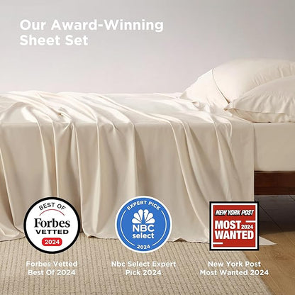 Bedsure Queen Sheet Set, Rayon Derived from Bamboo, Cooling Sheets, Breathable & Soft, Deep Pocket Up to 16", Hotel Luxury Silky Bedding for Hot Sleepers, Light Beige