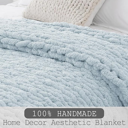 Chunky Knit Throw Blanket 60"X 80", 100% Handmade with Soft Chenille Yarn, 6.7lbs Thick Cable Knitted Blankets, Large Rope Knot Crochet Throws for Couch Sofa Bed Home Decor, Baby Blue