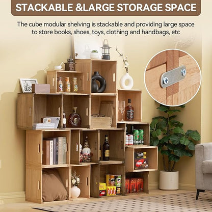 KIRIGEN Stackable Wood Storage Cube /Basket/ Bins Organizer for Home Books Clothes Toy Modular Open Cubby Storage System - Office Bookcase Closet Shelves F26-NA