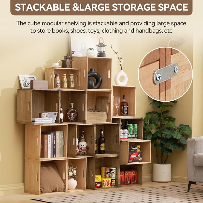 KIRIGEN Stackable Wood Storage Cube /Basket/ Bins Organizer for Home Books Clothes Toy Modular Open Cubby Storage System - Office Cubical Bookcase Closet Shelves C26-NA