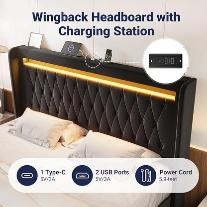 Allewie Upholstered King Size Platform Bed Frame with LED Light and Charging Station, Button Tufted High Headboard, Wingback Design, Noise Free, Easy Assembly, No Box Spring Needed, Black