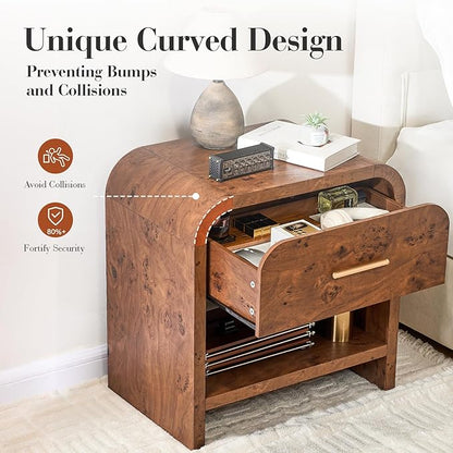 Night Stand Set of 2 [Unique Curved Profile] [FSC-Certified Wooden Board] 1-Drawer and 1 Storage Shelf Nightstand 24" H Metal Handle Modern Bedside Table Side Table End Table