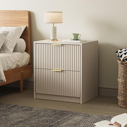 Set of 2 Fluted Nightstand with 2 Drawers, Modern Storage Bedside Table with Golden Metal Handles, Wooden End Table for Bedroom, Beige